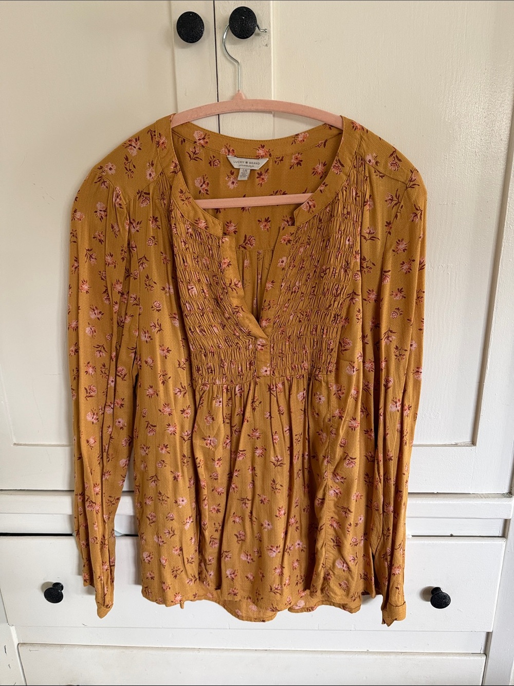 Lucky Brand Mustard Yellow Floral Smocked Peasant Blouse